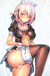 Rule 34 | 1girl, ahoge, alternate costume, apron, black bow, black dress, blush, bow, breasts, brown thighhighs, closed mouth, clothing cutout, collarbone, covered erect nipples, dark-skinned female, dark skin, detached collar, dress, enmaided, fate/grand order, fate (series), frills, hair between eyes, hair bow, hair ornament, half-closed eyes, highres, large breasts, leg up, long hair, looking at viewer, maid, maid apron, maid headdress, okita souji (fate), okita souji alter (fate), okita souji alter (first ascension) (fate), panties, puffy short sleeves, puffy sleeves, ribbon-trimmed legwear, ribbon trim, shiny clothes, shiny skin, short sleeves, sidelocks, silly (marinkomoe), smile, solo, sparkle, tassel, thighhighs, thighs, tsurime, tying, underboob cutout, underwear, very long hair, white hair, white panties, wrist cuffs, yellow eyes