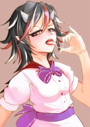 Rule 34 | 1girl, black hair, bow, dress, fellatio gesture, grey horns, hand to own mouth, horns, kijin seija, looking at viewer, multicolored hair, nama shirasu, open mouth, pointy ears, puffy short sleeves, puffy sleeves, red eyes, saliva, saliva trail, sash, sexually suggestive, short sleeves, solo, streaked hair, tongue, tongue out, touhou