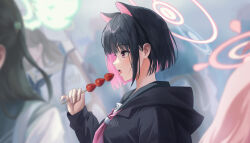 Rule 34 | 1girl, absurdres, animal ears, black hair, black hoodie, blue archive, blunt bangs, blurry, blurry background, blush, bob cut, cat ears, close-up, colored inner hair, commentary, crowd, dorosi033, eyelashes, food, from side, fruit, halo, hand up, highres, holding, holding food, hood, hood down, hoodie, kazusa (blue archive), looking at food, multicolored hair, neckerchief, open mouth, pink eyes, pink hair, pink halo, pink neckerchief, profile, school uniform, serafuku, short hair, sleeves past wrists, solo, straight hair, strawberry, tongue, tongue out, two-tone hair