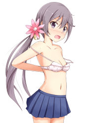Rule 34 | 10s, 1girl, adjusting bra, adjusting clothes, aikawa ryou, akebono (kancolle), bell, blush, bra, breasts, cleavage, commentary, flower, hair bell, hair flower, hair ornament, highres, jingle bell, kantai collection, long hair, looking at viewer, navel, no shirt, off shoulder, open mouth, pink bra, pleated skirt, purple eyes, purple hair, removing bra, side ponytail, simple background, skirt, small breasts, solo, strap slip, sweatdrop, underwear, undressing, white background