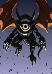 Rule 34 | artist request, claws, deathmon, deathmon (black), demon, demon wings, digimon, digimon (creature), fingernails, flying, horns, looking at viewer, no humans, sharp fingernails, simple background, tail, wings, yellow eyes