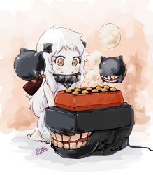 Rule 34 | 1girl, 2018, 4suke, abyssal ship, alternate eye color, artist name, bare shoulders, barefoot, blush, brown eyes, closed mouth, dated, dress, eyelashes, fang, fang out, food, horns, kantai collection, long hair, no eyebrows, northern ocean princess, sitting, sleeveless, sleeveless dress, smile, solo, steam, takoyaki, wariza, white dress, white hair