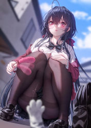 Rule 34 | 1girl, :3, ahoge, azur lane, bag, black bag, black bow, black bowtie, black footwear, black hair, black skirt, blue sky, blurry, blurry background, blurry foreground, bow, bowtie, breasts, brown pantyhose, building, button gap, cat, closed mouth, collared shirt, convenient censoring, depth of field, dress shirt, from below, glasses, hand on own knee, highres, holding, huge ahoge, jacket, large breasts, lips, loafers, long hair, long sleeves, looking at viewer, motion blur, nail polish, official alternate costume, outdoors, pantyhose, pleated skirt, red eyes, red jacket, red nails, rhasta, school bag, school uniform, sexually suggestive, shirt, shoes, skirt, sky, slit pupils, smile, solo, squatting, taihou (azur lane), taihou (sweet time after school) (azur lane), thighband pantyhose, thighs, white shirt, yonic symbol