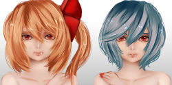 Rule 34 | 2girls, aru16, bad id, bad pixiv id, bare shoulders, blonde hair, blue hair, collarbone, eyelashes, fang, fang out, fangs, fingernails, flandre scarlet, gradient background, hair ribbon, hand on own shoulder, highres, lips, looking at viewer, multiple girls, nail polish, parted lips, realistic, red eyes, remilia scarlet, ribbon, sharp fingernails, short hair, siblings, side ponytail, simple background, sisters, slit pupils, touhou, upper body, vampire