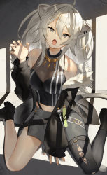 Rule 34 | 1girl, ahoge, animal ear fluff, animal ears, bare shoulders, blush, breasts, claw pose, cleavage, commentary, earrings, fangs, fingernails, fur-trimmed jacket, fur trim, grey eyes, grey hair, hair between eyes, highres, hololive, jacket, jewelry, large breasts, lion ears, lion girl, long hair, looking at viewer, miniskirt, necklace, open mouth, scottie (phantom2), see-through, see-through cleavage, shirt, shishiro botan, shishiro botan (1st costume), single leg pantyhose, sitting, skin fangs, skirt, sleeveless, sleeveless shirt, solo, thighs, virtual youtuber, wariza