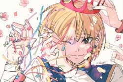 Rule 34 | 1other, 2boys, ;), birthday, blonde hair, blue tabard, chain, confetti, cream, cream on face, crown, crystal earrings, earrings, food, food on face, gon freecss, hand up, hands up, hunter x hunter, jewelry, kkumi777, kurapika, light particles, long sleeves, male focus, multiple boys, one eye closed, party popper, portrait, short hair, simple background, smile, solo, solo focus, tabard, white background