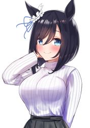 Rule 34 | 1girl, animal ears, arm behind back, black hair, black skirt, blue eyes, blush, bob cut, bow, breasts, closed mouth, ear ribbon, eishin flash (umamusume), hair between eyes, hand on own cheek, hand on own face, herohero (higashi no dou), highres, horse ears, horse girl, large breasts, long bangs, long sleeves, looking at viewer, medium hair, pleated skirt, ribbed sweater, simple background, skirt, smile, solo, sweater, sweater tucked in, turtleneck, turtleneck sweater, umamusume, upper body, white background, white sweater