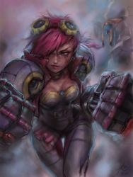 Rule 34 | 1girl, 2girls, blue eyes, blue hair, breasts, character name, choker, clenched hands, facial tattoo, gauntlets, goggles, goggles on head, highres, jinx (league of legends), league of legends, lips, mechanical arms, min chan-wook, multiple girls, oversized forearms, oversized limbs, phantom ix row, pink hair, short hair, shoulder pads, small breasts, solo focus, tattoo, thigh gap, unconscious, vi (league of legends)