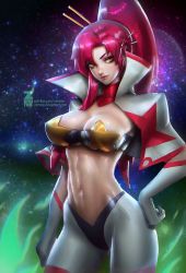 Rule 34 | 00s, 1girl, abs, breasts, cleavage, curvy, female focus, gloves, gradient background, hand on own hip, high collar, high ponytail, highres, large breasts, long hair, looking at viewer, midriff, navel, ponytail, red hair, solo, space, space yoko, star (sky), stomach, tengen toppa gurren lagann, toned, white gloves, yellow eyes, yoko littner, zeronis