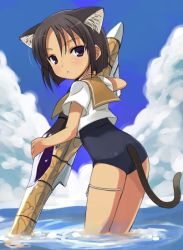 Rule 34 | 00s, 1girl, aircraft, airplane, animal ears, cat ears, day, furiata, konami mecha musume, mecha musume, military, no pants, one-piece swimsuit, otoutogimi, school swimsuit, school uniform, serafuku, sky, solo, strike witches, swimsuit, swimsuit under clothes, tan, world witches series