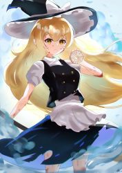 Rule 34 | 1girl, absurdres, apron, black hat, black skirt, black vest, blonde hair, blood, blood on arm, blood on face, blood on leg, bow, chirihouki, closed mouth, hat, hat bow, highres, kirisame marisa, light particles, long hair, looking at viewer, mini-hakkero, shirt, short sleeves, skirt, solo, torn clothes, torn skirt, touhou, turtleneck, v-shaped eyebrows, vest, waist apron, white apron, white background, white bow, white shirt, yellow eyes