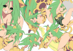Rule 34 | 1girl, animal ears, animal hands, animal print, ass, banana, breasts, cham cham, commentary request, eyes visible through hair, food, fruit, gabu (az210309), gloves, green eyes, green hair, long hair, looking at viewer, monkey, multiple views, open mouth, orange gloves, paku paku, paw gloves, samurai spirits, simple background, small breasts, smile, tail, tiger print, white background