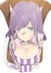 Rule 34 | 1girl, bespectacled, blue eyes, blush, breasts, breasts squeezed together, chair, cleavage, cleavage cutout, clothing cutout, dress, foreshortening, from above, glasses, hayashi kewi, large breasts, long hair, looking at viewer, patchouli knowledge, purple hair, revision, rimless eyewear, simple background, sitting, solo, striped clothes, striped dress, touhou, vertical-striped clothes, vertical-striped dress, white background