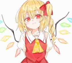 Rule 34 | 1girl, arms behind back, ascot, blonde hair, bow, closed mouth, crystal, drill hair, flandre scarlet, hair bow, looking at viewer, no headwear, one side up, paragasu (parags112), pointy ears, red bow, red eyes, red skirt, red vest, shirt, short hair with long locks, short sleeves, simple background, skirt, solo, touhou, upper body, vest, white background, white shirt, wings, yellow ascot