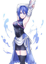 Rule 34 | 1girl, aqua (kingdom hearts), armpits, arms up, bike shorts, black thighhighs, blue eyes, blue hair, breasts, commentary request, highres, kagachi 118, kingdom hearts, medium breasts, medium hair, one eye closed, simple background, solo, standing, thighhighs, white background