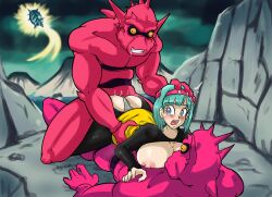 Rule 34 | 1girl, 2boys, absurdres, blue eyes, blush, breasts, bulma, clothed female nude male, clothed sex, clothing aside, cowgirl position, doggystyle, dragonball z, green hair, highres, huge breasts, lying, lying on person, medium hair, monster, multiple boys, nayaase beleguii, nude, on person, open mouth, panties, panties aside, sex, sex from behind, straddling, torn clothes, underwear