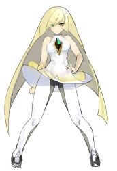 Rule 34 | 10s, 1girl, bad id, bad twitter id, bare arms, blonde hair, breasts, creatures (company), dress, empty eyes, eyes visible through hair, full body, game freak, green eyes, hand on own hip, jilllxlxl, long hair, looking at viewer, lusamine (pokemon), mature female, medium breasts, nintendo, pantyhose, pokemon, pokemon sm, short dress, simple background, solo, standing, white background