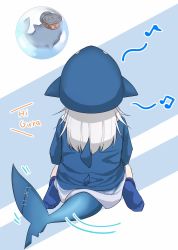 Rule 34 | 1girl, animal hood, back, bloop (gawr gura), blue background, blue footwear, blue hoodie, commentary, english commentary, english text, fins, fish tail, from behind, full body, gawr gura, gawr gura (1st costume), highres, hololive, hololive english, hood, hoodie, long hair, mixed-language commentary, musical note, shark hood, shark tail, silver hair, simple background, sitting, socks, tail, tail wagging, two-tone background, virtual youtuber, wariza, weizen, white background