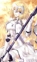 Rule 34 | 1girl, armor, armored dress, blonde hair, blue eyes, blush, breasts, chain, collar, dress, fate/apocrypha, fate/grand order, fate (series), faulds, flag, gauntlets, headpiece, highres, ilsa34660285, jeanne d&#039;arc (fate), jeanne d&#039;arc (ruler) (fate), jeanne d&#039;arc (third ascension) (fate), large breasts, long hair, looking at viewer, metal collar, open mouth, plackart, polearm, sitting, smile, solo, very long hair, weapon, white dress