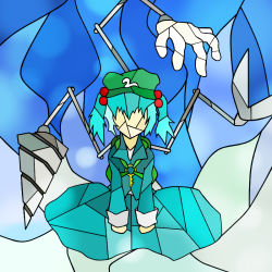 Rule 34 | 1girl, drill, faux traditional media, female focus, hair bobbles, hair ornament, kawashiro nitori, koutyousan, mechanical arms, single mechanical arm, solo, stained glass, touhou, two side up