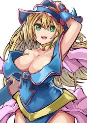 Rule 34 | 1girl, absurdres, arm up, bare shoulders, blonde hair, breasts, cleavage, dark magician girl, duel monster, green eyes, hat, hexagram, highres, large breasts, long hair, mikanbisya, open mouth, shadow, simple background, smile, solo, white background, wizard hat, yu-gi-oh!, yu-gi-oh! duel monsters