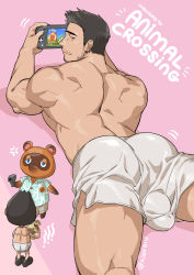 Rule 34 | 1boy, absurdres, animal crossing, ass, ass focus, back, bara, bear boy, black hair, bulge, chibi, chibi inset, dolphin shorts, facial hair, feet out of frame, handheld game console, highres, kienbiu, looking at viewer, looking back, male focus, muscular, nintendo, nintendo switch, original, short hair, shorts, sideburns, solo, spread legs, stubble, thick thighs, thighs