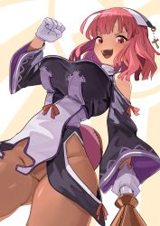 Rule 34 | 1girl, :d, bare shoulders, blush, breasts, clothing cutout, cross, gloves, greentanuki, headdress, highres, hip vent, la pucelle, large breasts, latin cross, long sleeves, looking at viewer, mole, mole under eye, open mouth, pantyhose, pelvic curtain, pink hair, prier, red hair, short hair, shoulder cutout, smile, solo, tabard, turtleneck, v-shaped eyebrows, white gloves, wide sleeves