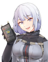 Rule 34 | 1girl, absurdres, among us, braid, breasts, cellphone, girls&#039; frontline, highres, holding, holding phone, kaicchi, long sleeves, medium breasts, meme, phone, purple eyes, rpk-16 (girls&#039; frontline), short hair, side braid, silver hair, smartphone, solo, tactical clothes, upper body, white background, yellow (among us)