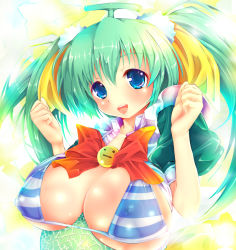 Rule 34 | 1girl, bikini, bikini top only, blue eyes, bow, breast rest, breasts, covered erect nipples, food, fruit, green hair, huge breasts, large breasts, melon, melon-chan, melonbooks, solo, swimsuit, teruru, twintails, yellow bow