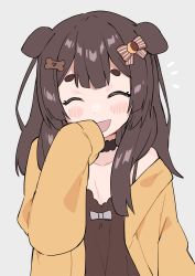 Rule 34 | 1girl, ^ ^, absurdres, animal ears, black choker, blush, bone hair ornament, bow, brown bow, brown hair, choker, closed eyes, collarbone, commentary, dog ears, dog girl, english commentary, grey background, hair bow, hair ornament, highres, inukai purin, lucabassiart, open mouth, sleeves past fingers, sleeves past wrists, smile, solo, sweater, tsunderia, virtual youtuber, yellow sweater