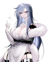 Rule 34 | arm under breasts, asymmetrical clothes, asymmetrical gloves, blue eyes, blue hair, braid, breasts, cleavage, dress, fur-trimmed dress, fur trim, garter straps, glasses, gloves, grey hair, large breasts, long glove, long hair, looking at viewer, multicolored hair, original, side slit, thick thighs, thighhighs, thighs, usa37107692, white dress, wide hips, zettai ryouiki
