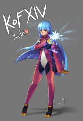 Rule 34 | 1girl, belt, blue hair, blush, breasts, commentary request, gloves, highres, kula diamond, long hair, looking at viewer, puyon (pixiv), puyon (puyon), red eyes, smile, solo, the king of fighters, the king of fighters xiv