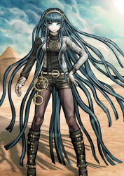 Rule 34 | 1girl, aqua hair, blunt bangs, bracelet, cleopatra (fate), earrings, egypt, egyptian, fate/grand order, fate (series), green eyes, hairband, jewelry, komatsuzaki rui, long hair, necklace, official art, pantyhose, pyramid (structure), ring, sand, shorts, sky, solo, very long hair
