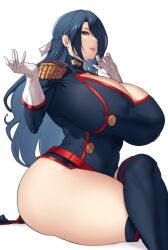 Rule 34 | 1girl, ass, aster crowley, azuma fubuki, blue eyes, boots, braid, breasts, cleavage, cleavage cutout, clothing cutout, covered erect nipples, covered navel, crossed legs, epaulettes, gloves, hair over one eye, hair ribbon, highres, huge breasts, impossible clothes, long hair, looking at viewer, mato seihei no slave, mature female, parted lips, ribbon, simple background, sitting, smile, solo, thick thighs, thigh boots, thighs, white background