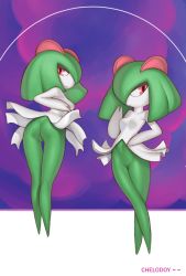 Rule 34 | 1girl, artist name, ass, breasts, chelodoy, cleft of venus, creatures (company), female focus, full body, furry, game freak, gen 3 pokemon, green hair, hair over one eye, kirlia, leaning forward, looking at viewer, looking back, multiple views, navel, nintendo, pokemon, pokemon (creature), pokemon go, pussy, red eyes, small breasts, stomach, uncensored