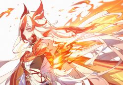 Rule 34 | 1girl, bare shoulders, breasts, chinese commentary, colored extremities, commentary request, dress, feng yi xiao, fire, from side, fu hua, fu hua (garuda), hair ornament, hand up, highres, honkai (series), honkai impact 3rd, long hair, looking ahead, multicolored hair, orange eyes, orange hair, orange scales, orange theme, parted lips, red hands, simple background, small breasts, solo, two-tone hair, white dress, white hair, yellow pupils