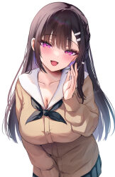 Rule 34 | 1girl, black hair, breasts, brown cardigan, calm mashiro, cardigan, cleavage, collarbone, commentary request, hair ornament, hairclip, large breasts, long hair, looking at viewer, open mouth, original, purple eyes, school uniform, simple background, smile, solo, white background