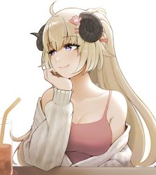 Rule 34 | ahoge, animal ears, armpit crease, bad id, bad pixiv id, bare shoulders, blonde hair, braid, breasts, bright pupils, camisole, cardigan, coaster, collarbone, cup, curled horns, drink, drinking glass, drinking straw, elbow on table, hair ornament, hairclip, half updo, hand on own chin, highres, hololive, horns, large breasts, long hair, looking to the side, m r b, purple eyes, red camisole, sheep ears, sheep girl, sheep horns, simple background, smile, tsunomaki watame, very long hair, virtual youtuber, white background, white cardigan, white pupils
