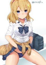 Rule 34 | 1girl, astoria (azur lane), astoria (pure &quot;gurl?&quot;) (azur lane), azur lane, bag, blue bow, blue bowtie, blue eyes, blue panties, blue skirt, blush, bow, bowtie, breasts, brown hair, brown sweater, closed mouth, clothes around waist, clothes lift, collarbone, collared shirt, commentary request, dress shirt, eyes visible through hair, floral print, hair between eyes, hair ornament, hair scrunchie, heart, heart hair ornament, lifted by self, long sleeves, looking away, loose bowtie, medium breasts, medium hair, panties, pink scrunchie, plaid, plaid bow, plaid skirt, ponytail, print panties, school bag, scrunchie, shiny skin, shirt, sidelocks, simple background, sitting, skirt, skirt lift, sleeves pushed up, solo, sweatdrop, sweater, sweater around waist, torimaru, twitter username, underwear, white background, white shirt, wing collar