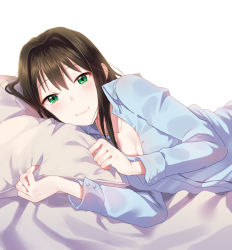 Rule 34 | 10s, 1girl, bad id, bad pixiv id, bed sheet, black hair, blue shirt, blush, breasts, buttons, cleavage, closed mouth, collarbone, furururu, green eyes, hair between eyes, idolmaster, idolmaster cinderella girls, long hair, long sleeves, looking at viewer, lying, on side, pajamas, partially unbuttoned, pillow, pillow grab, shibuya rin, shirt, small breasts, smile, solo, upper body, white background