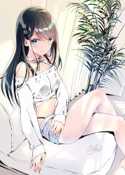 Rule 34 | 1girl, black bra, black hair, black panties, blue eyes, bra, breasts, closed mouth, commentary request, crop top, crossed legs, curtains, dated, eyelashes, feet out of frame, hair ornament, halterneck, highleg, highleg panties, highres, indoors, kobayashi chisato, leaning back, legs, long hair, long sleeves, looking at viewer, midriff, nail polish, navel, no shoes, off-shoulder shirt, off shoulder, original, panties, pantyhose, pink nails, plant, see-through, see-through shirt, shadow, shirt, short shorts, shorts, sidelocks, signature, sitting, small breasts, smile, solo, swept bangs, thighs, torn clothes, torn shorts, underwear, white pantyhose