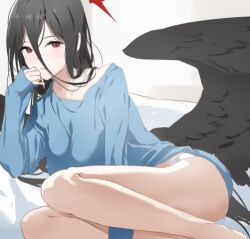 Rule 34 | 1girl, ass, barefoot, black hair, black wings, blue archive, blue shirt, blush, feathered wings, halo, hasumi (blue archive), kuu (user gngs5284), long hair, long sleeves, looking at viewer, mole, mole under eye, open mouth, panties, red eyes, red halo, shirt, solo, underwear, very long hair, white panties, wings