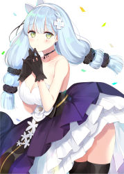 Rule 34 | 1girl, bad id, bad pixiv id, bare shoulders, black choker, black gloves, black thighhighs, blue hair, blunt bangs, blush, breasts, choker, cleavage, collarbone, commentary request, cross hair ornament, dress, earrings, facial mark, girls&#039; frontline, gloves, green eyes, hair ornament, hairband, highres, hk416 (girls&#039; frontline), hk416 (starry cocoon) (girls&#039; frontline), jewelry, large breasts, leaning forward, long hair, looking at viewer, official alternate costume, purple dress, smile, solo, standing, teardrop, thighhighs, twintails, white hairband, yuzu-aki