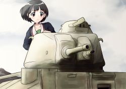 Rule 34 | 1girl, absurdres, artist request, black hair, bob cut, brown eyes, char b1, commentary request, day, girls und panzer, highres, military, military vehicle, motor vehicle, ooarai military uniform, short hair, solo, sono midoriko, tank, tank turret