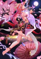 Rule 34 | 1girl, absurdres, barefoot, cherry blossoms, enigmasli, feet, full moon, genshin impact, highres, long hair, looking at viewer, moon, oil-paper umbrella, parted lips, pink hair, purple eyes, shoes, soles, toes, unworn shoes, yae miko