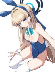 Rule 34 | 1girl, absurdres, animal ears, bare shoulders, blonde hair, blue archive, blue bow, blue eyes, blue hairband, blue leotard, bow, bowtie, braid, breasts, cleavage, commentary, detached collar, fake animal ears, hairband, halo, highleg, highleg leotard, highres, leotard, long hair, medium breasts, official alternate costume, official alternate hairstyle, playboy bunny, rabbit ears, seero, simple background, sitting, solo, thighhighs, thighs, toki (blue archive), toki (bunny) (blue archive), very long hair, white background, white thighhighs, wrist cuffs