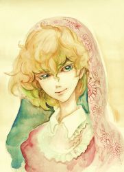 Rule 34 | 1boy, absurdres, androgynous, anmonaito, blonde hair, blue eyes, colored eyelashes, curly hair, edgar portsnell, floral print, graphite (medium), highres, looking at viewer, male focus, painting (medium), poe no ichizoku, portrait, short hair, solo, traditional media, veil, watercolor (medium)