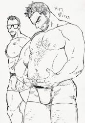 Rule 34 | 2boys, abs, alternate muscle size, bara, beard, belly, belly grab, billy russell (dickfish), boxers, bulge, character request, check character, chest hair, couple, dickfish (fishismdick), facial hair, fat, fat man, feet out of frame, glasses, highres, john rottweil (dickfish), large pectorals, leg hair, looking at another, male focus, male underwear, mature male, multiple boys, muscular, muscular male, mustache, navel, navel hair, nipples, original, pectorals, scan, short hair, sideburns, sketch, standing, stomach, thick eyebrows, thick thighs, thighs, topless male, traditional media, translation request, underwear, underwear only, walking, weight conscious, yaoi