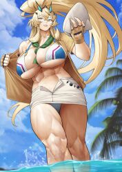 Rule 34 | 1girl, abs, absurdres, bare shoulders, barghest (fate), barghest (swimsuit archer) (fate), bikini, blonde hair, blue sky, breasts, cleavage, collarbone, fate/grand order, fate (series), fingerless gloves, gloves, green eyes, grey hat, grey skirt, grin, hat, high ponytail, highres, huge breasts, long hair, looking at viewer, midriff, miniskirt, multicolored bikini, multicolored clothes, muscular, muscular female, navel, neckerchief, ocean, open clothes, open shirt, palm tree, pencil skirt, shirt, short sleeves, sidelocks, skindentation, skirt, sky, smile, solo, swimsuit, thick thighs, thighs, tied shirt, tree, unworn hat, unworn headwear, wading, white bikini, yellow gloves, yellow shirt, yoshio (55level)