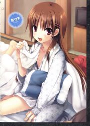 Rule 34 | 3boys, :d, absurdres, bag, brown hair, hair ornament, hairclip, highres, long hair, male focus, multiple boys, open mouth, oto nyan, pillow, red eyes, sleepwear, smile, sweat, television, towel, trap, very long hair